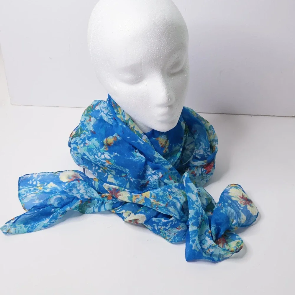 Bright Blue Floral Draped Scarf Chiffon Boho Y2K Frutiger Aero Indie Sleaze Fun